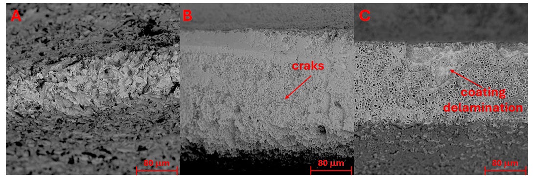 SEM images showing corrosion-related cracks, coating delamination and surface alterations on explanted implants