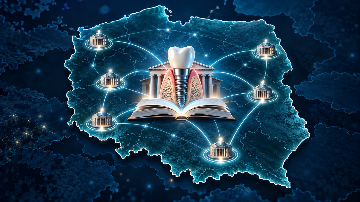 Map of Poland connecting six university centres participating in the PERI-EDU National University Partner Network for peri-implantitis education.
